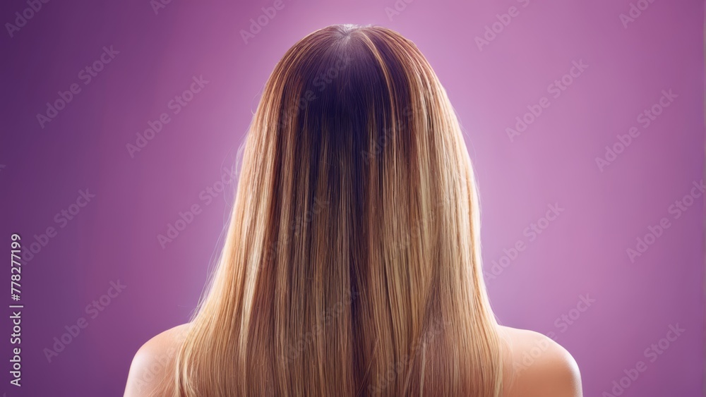 Naklejka premium Woman's long, straight blonde hair atop her back against a purple background