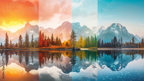 A series of four pictures of a lake with trees in the background, each picture representing a different season photo
