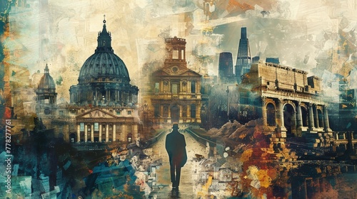 A man walks down a street in front of a building with a dome. The image is a collage of different buildings and a man walking. Scene is somewhat mysterious and intriguing