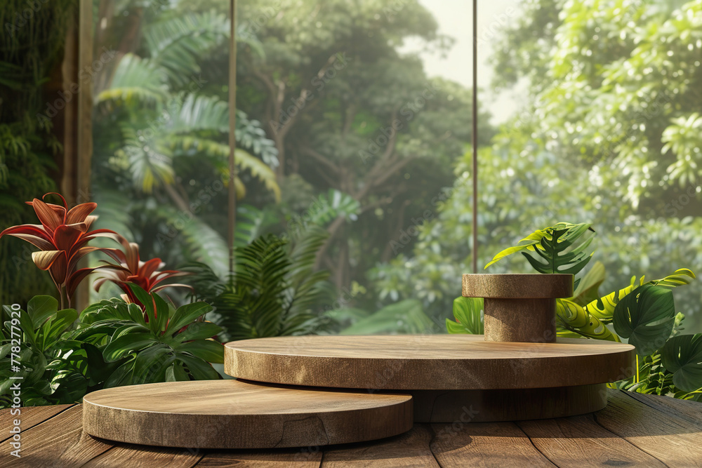 Wooden podium design and tropical plants. Product display mock up