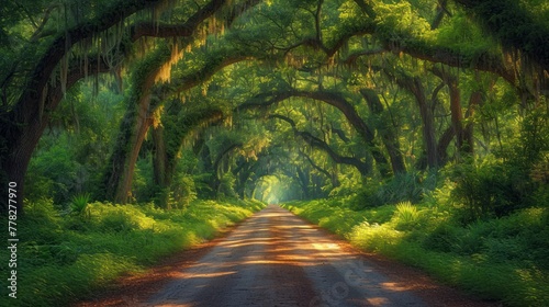 stunning streets lined with ancient live oaks draped in moss photo