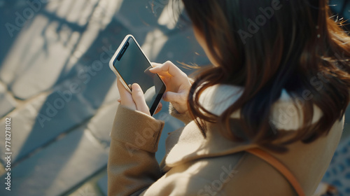 businesswoman using smartphone,closeup on hand,top view,back over generative ai