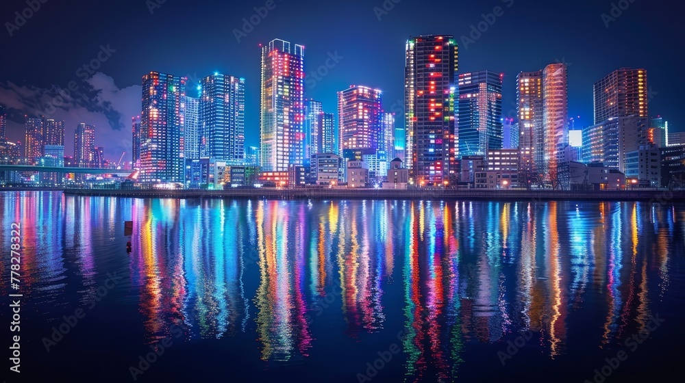 Fototapeta premium A city skyline is lit up at night with the reflection of the lights on the water. The city is full of life and energy, and the water adds a calming and serene element to the scene