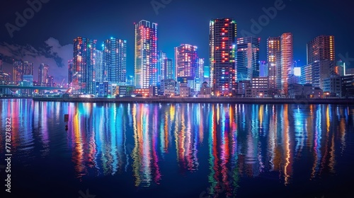 A city skyline is lit up at night with the reflection of the lights on the water. The city is full of life and energy, and the water adds a calming and serene element to the scene