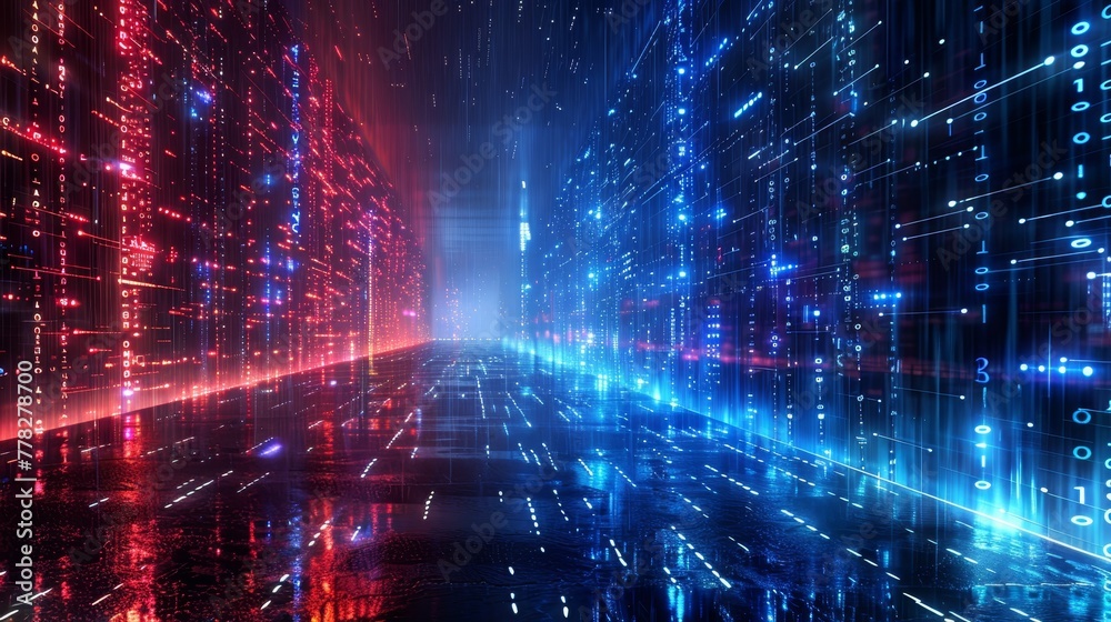 A futuristic cityscape with a blue and red background. The blue and red colors are used to create a sense of depth and contrast. The image is of a computer-generated environment A futuristic cityscape with a blue and red background. The blue and red colors are used to create a sense of depth and contrast. The image is of a computer-generated environment