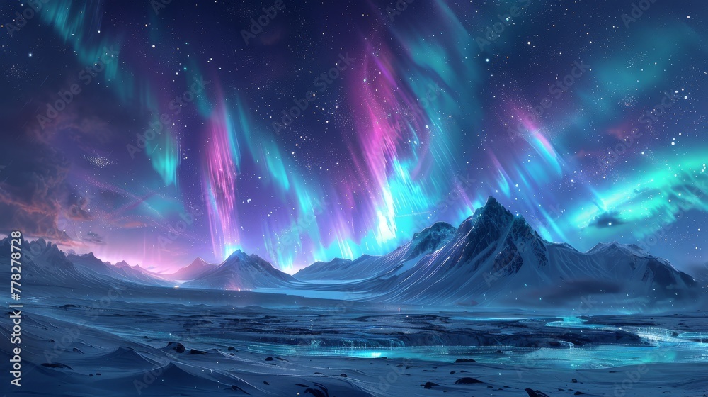 A beautiful night sky with a purple aurora and mountains in the background. The sky is filled with stars and the aurora is glowing brightly