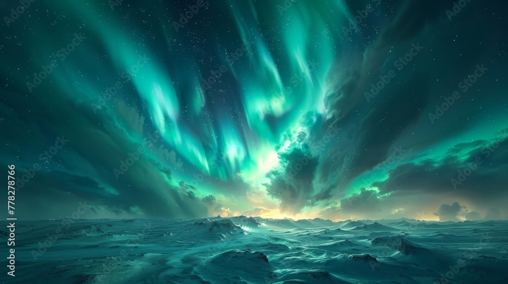 The sky is filled with green auroras and stars