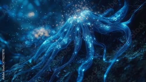 A blue octopus with glowing tentacles. The image has a dreamy, ethereal quality to it, with the blue and purple tones creating a sense of calm and tranquility