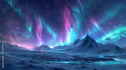 A beautiful night sky with a purple aurora and mountains in the background. The sky is filled with stars and the aurora is glowing brightly