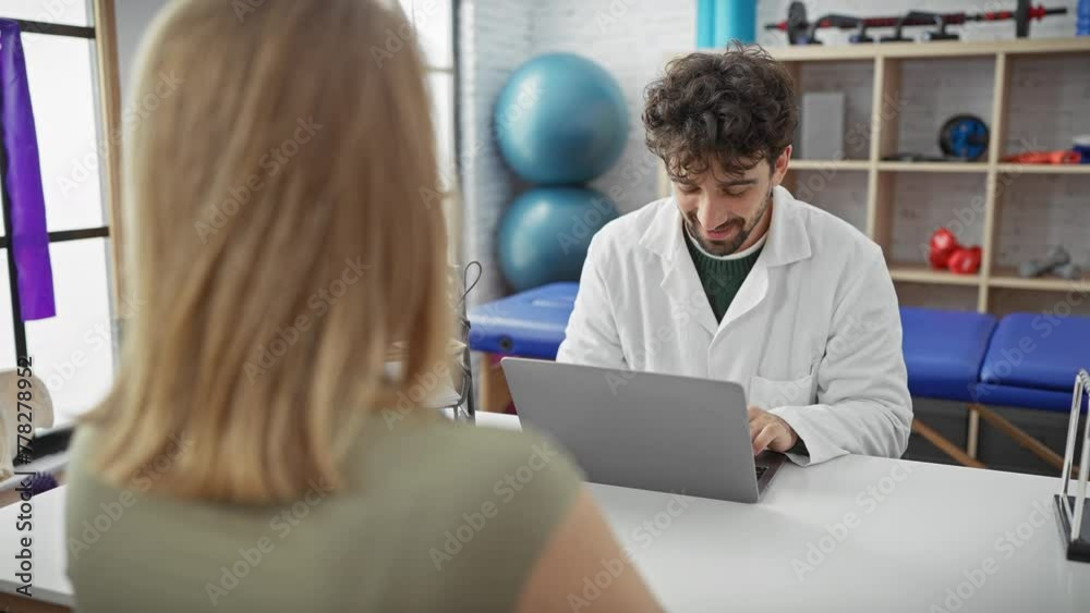 A man in a white coat engages with a woman in a clinic office, using a laptop on a desk with rehabilitation equipment in the background. A man in a white coat engages with a woman in a clinic office, using a laptop on a desk with rehabilitation equipment in the background.