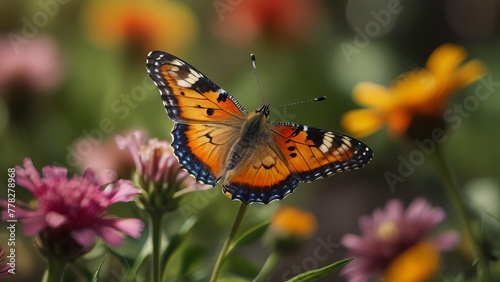 A vibrant and colorful butterfly dancing among the summer flowers