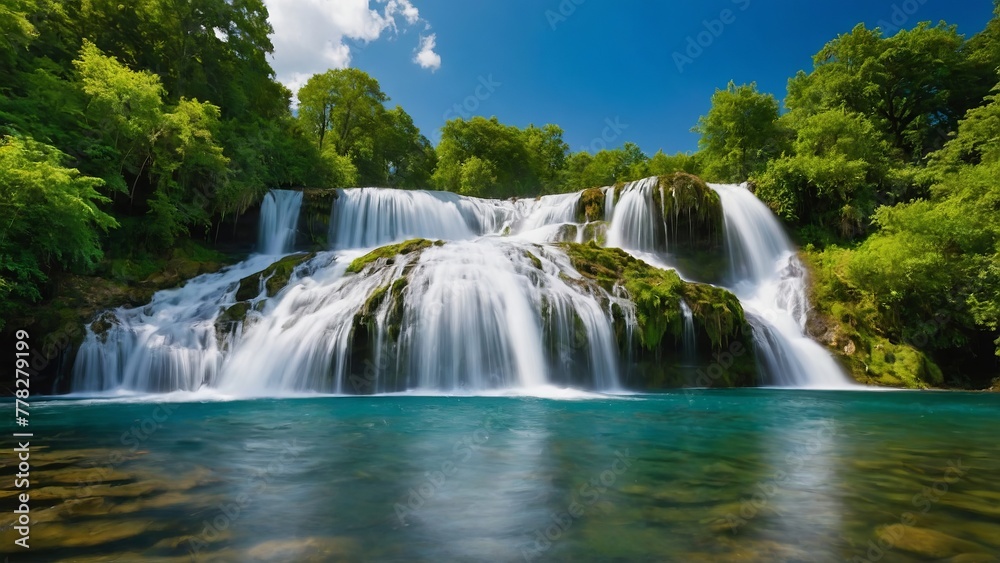 A vibrant summer background with a cascading waterfall