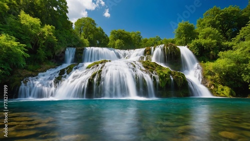 A vibrant summer background with a cascading waterfall