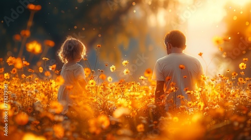 Little girl and boy in the field of daisies at sunset