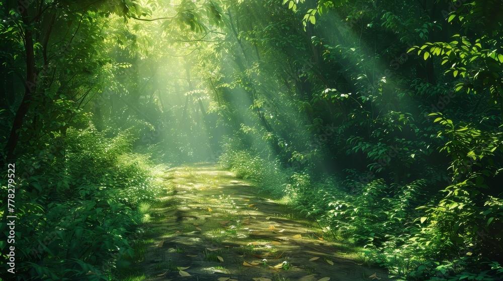 A forest path is lit by the sun, creating a peaceful and serene atmosphere. The trees are lush and green, and the sunlight filtering through the leaves creates a warm and inviting feeling