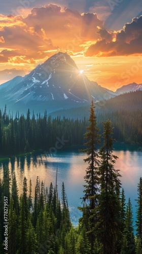Panorama of lake in the mountains with a forest at sunset
