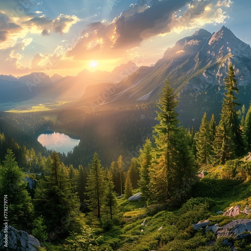 Panorama of lake in the mountains with a forest at sunset