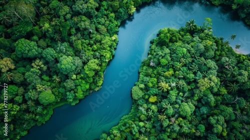 A river with a green forest on either side. The water is clear and calm. The trees are lush and green, and the sky is blue. Concept of tranquility and natural beauty