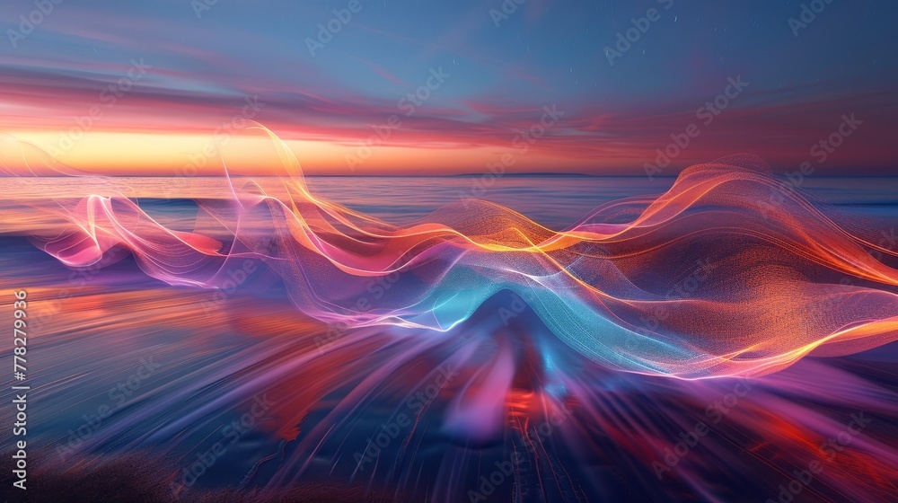 A colorful wave of light is reflected on the water. The colors are bright and vibrant, creating a sense of energy and movement. The scene is set against a backdrop of a beautiful sunset