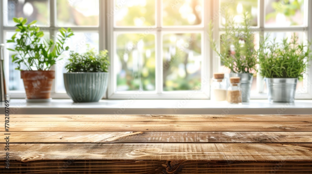 Wooden texture table top on blurred kitchen window background