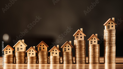 Progressive Coin Stacks with Model Houses on Wood Surface