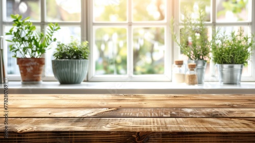 Wooden texture table top on blurred kitchen window background