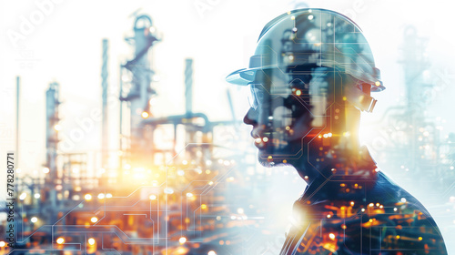 Engineer Contemplating Industrial Complex Double Exposure
. A thoughtful engineer's profile merged with an industrial complex image, evoking themes of industry, innovation, and planning.
