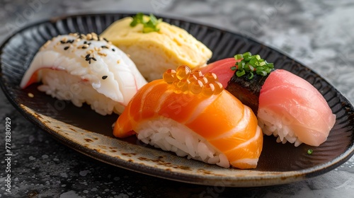 Assorted Fresh Sushi on a Plate, Japanese Cuisine Close-Up. Perfect for Food Blogs and Menus. A Sumptuous and Healthy Meal. AI