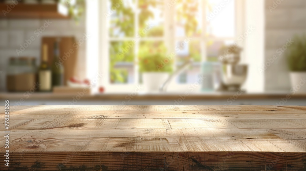 Wooden texture table top on blurred kitchen window background Wooden texture table top on blurred kitchen window background