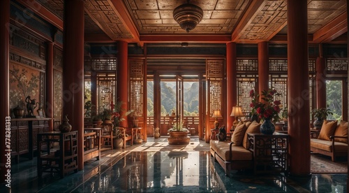 Luxury living room interior in traditional Chinese style. Decorated with oriental ornaments.