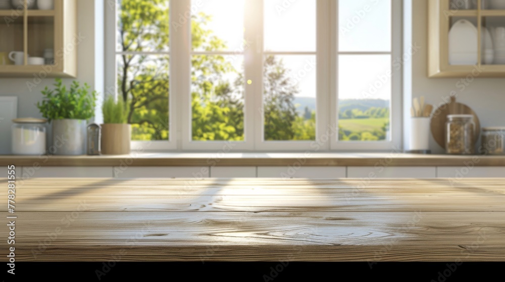 Wooden texture table top on blurred kitchen window background Wooden texture table top on blurred kitchen window background
