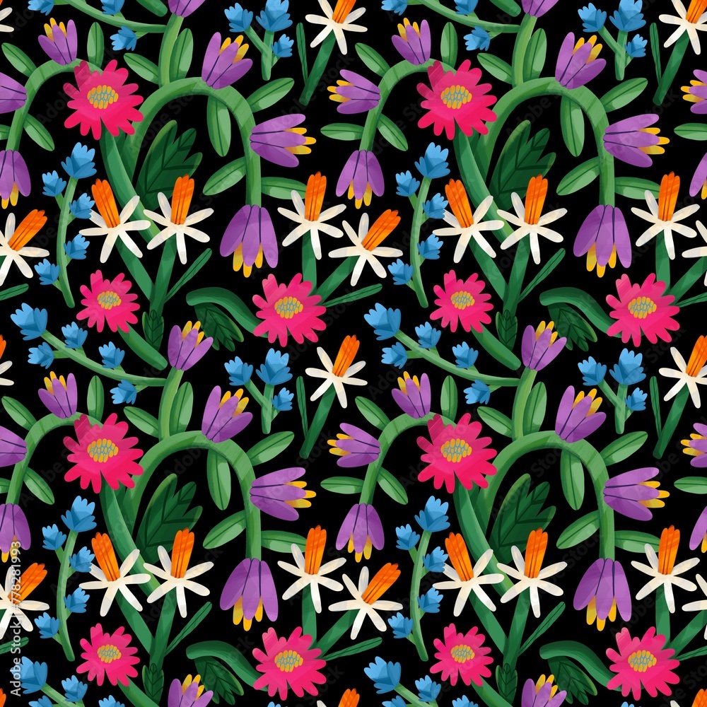 Obraz premium Various colorful flowers, leaves. Hand drawn floral illustration. Square seamless Pattern. Repeating design element for printing. Template for fabrics, summer textiles, wallpaper, clothes