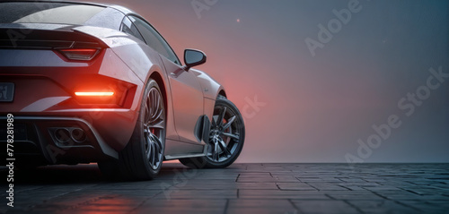 A sports car is shown from the rear, with a brake light illuminated. The background is a foggy, dark street.