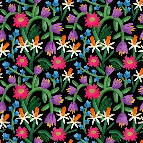 Various colorful flowers, leaves. Hand drawn floral illustration. Square seamless Pattern. Repeating design element for printing. Template for fabrics, summer textiles, wallpaper, clothes © Dariia
