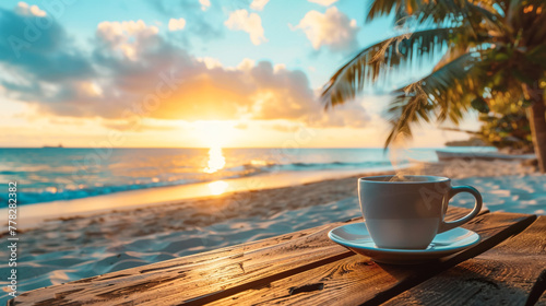 a front selective focus picture of a white coffee cup beside public beach in the south of Thailand