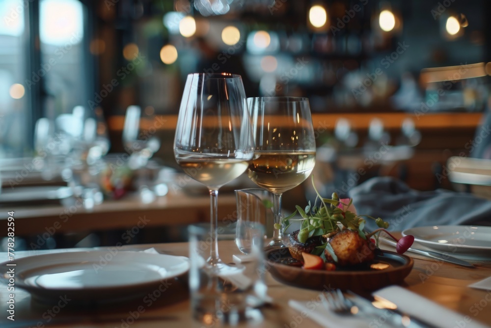 Elegant table setting with fine dining glassware and a gourmet appetizer, ready for an exquisite culinary experience in a sophisticated restaurant.

