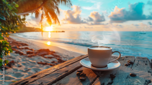a front selective focus picture of a white coffee cup beside public beach in the south of Thailand photo