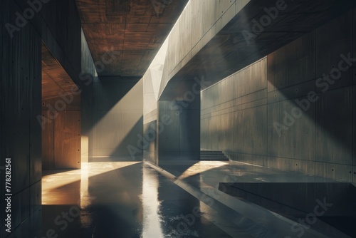 A serene concrete waterway inside a modern architectural structure, with light creating reflective symmetry and depth.