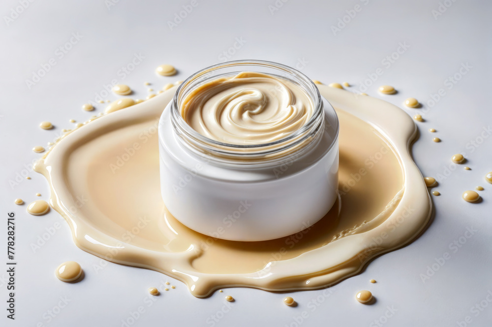 Jar of beauty cream surrounded by a puddle of cream on a white background. Skincare cosmetology product, copy space