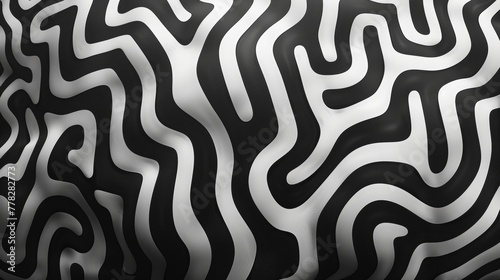 Black and white seamless pattern of an abstract maze, hand drawn with thick brush strokes, simple shapes, bold lines, high contrast, vector art, on a solid background