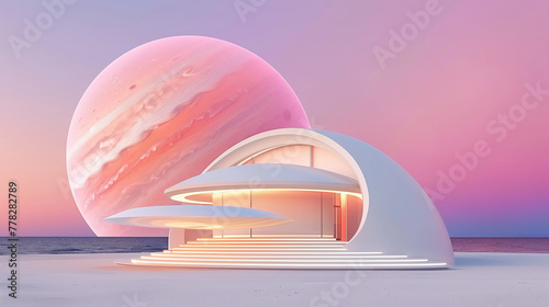 pink planet and futuristic observatory 