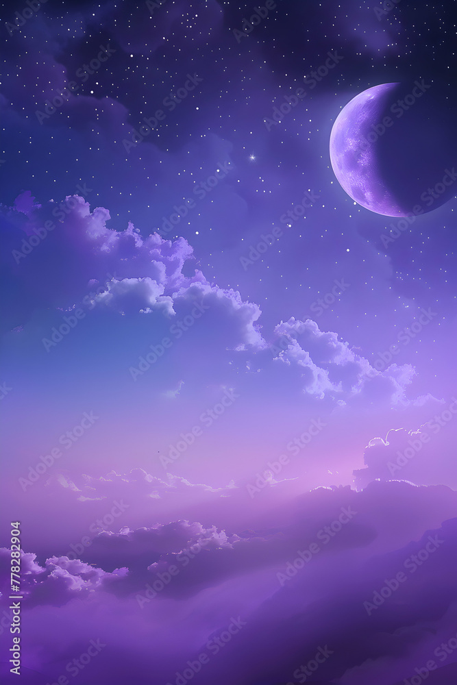 Purple gradient mystical moonlight sky with clouds and stars phone background wallpaper, ai generated