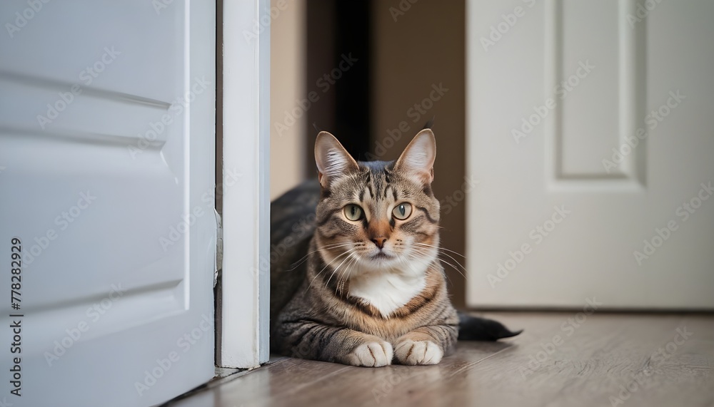 A cat waiting for its owner coming back home.