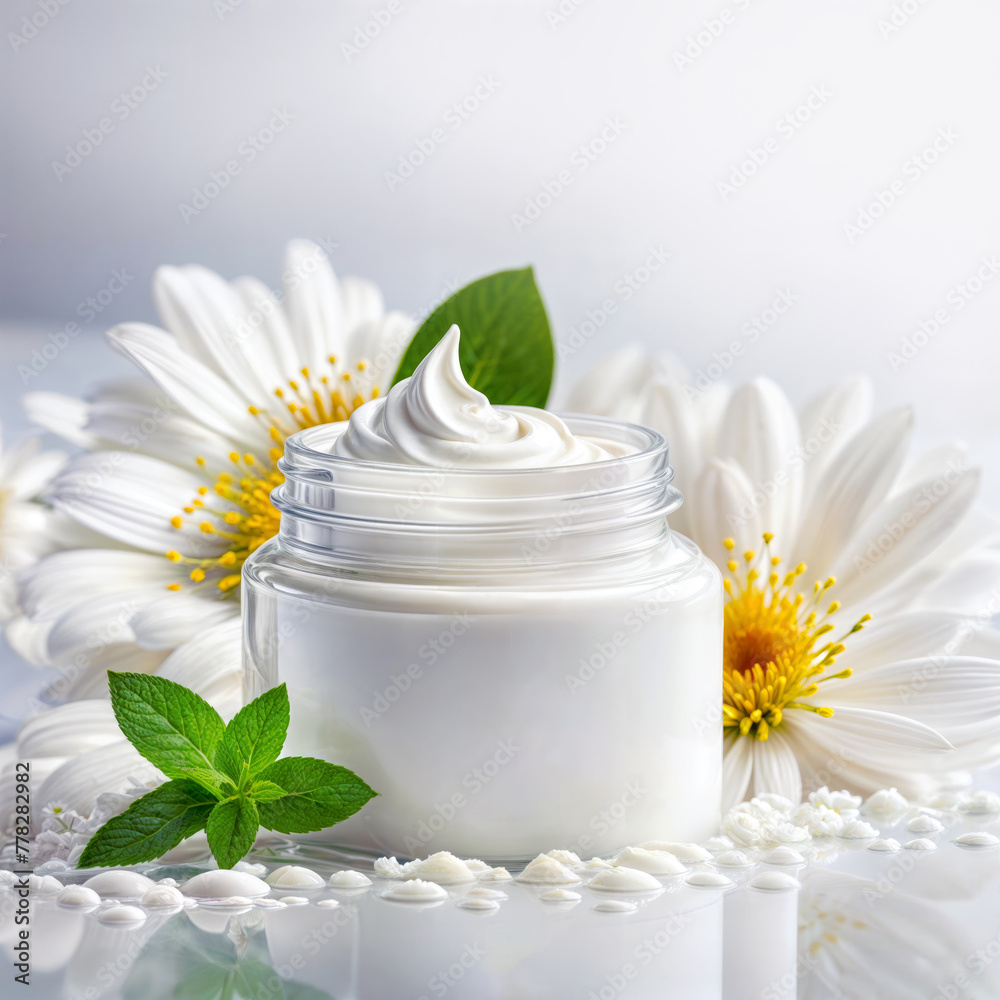 Jar of cream surrounded by chamomile, daisy flowers and a sprig of mint. Cosmetic moisturizing product. on a white background Jar of cream surrounded by chamomile, daisy flowers and a sprig of mint. Cosmetic moisturizing product. on a white background