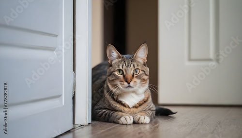 A cat waiting for its owner coming back home.