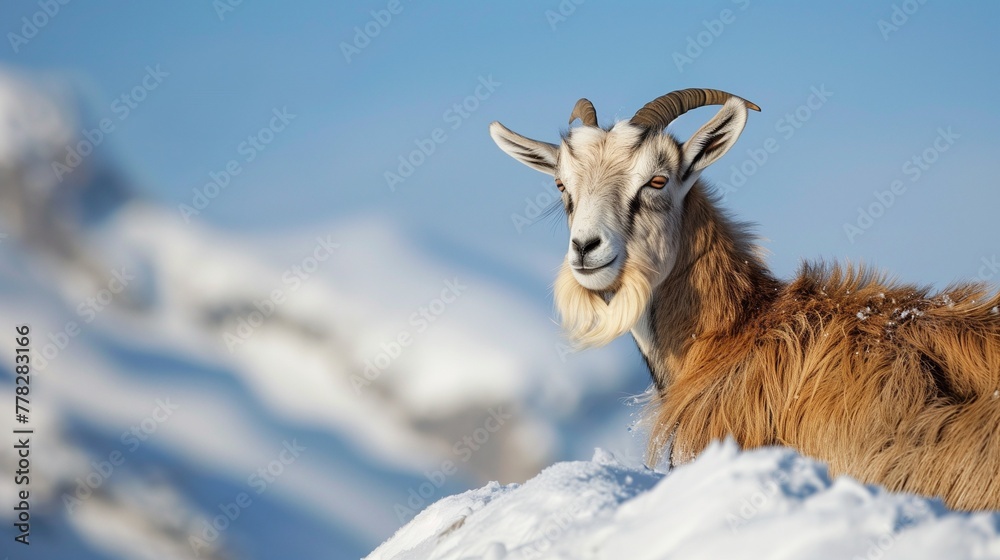 Alpine Guardian: Close-Up of a Goat on a Snowy Mountain Peak - An Ultra High Definition Image Showcasing a Goat's Detailed Features Against the Pristine White of Snowy Mountain Peaks.
