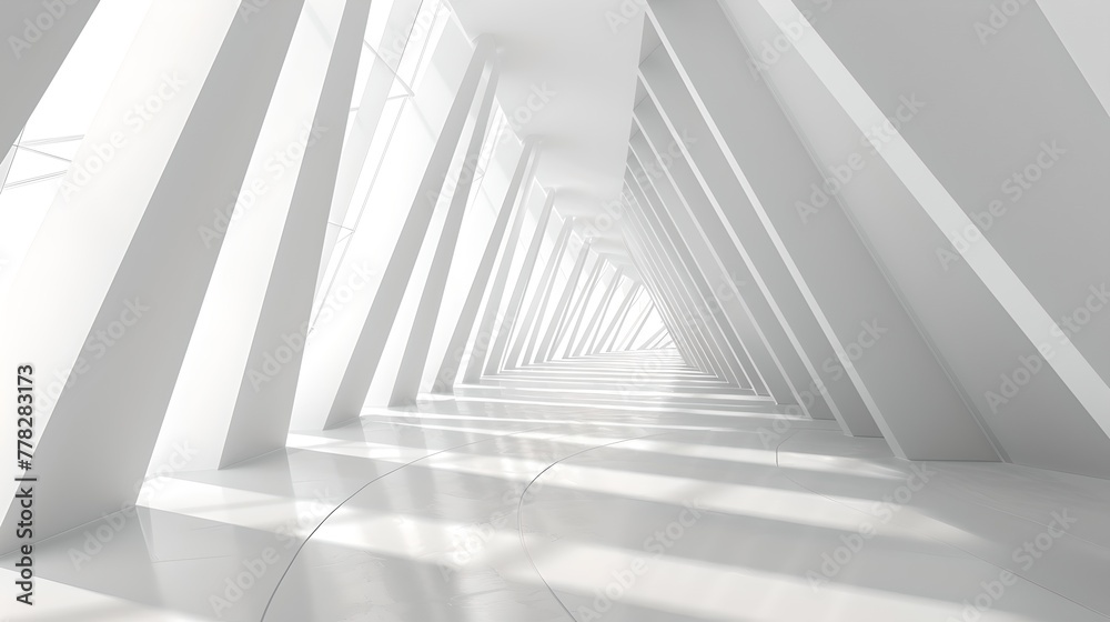 Obraz premium Futuristic White Corridor with Geometric Structure. Perfect for Modern Design Concepts. Minimalist and Clean. Abstract Architecture. AI