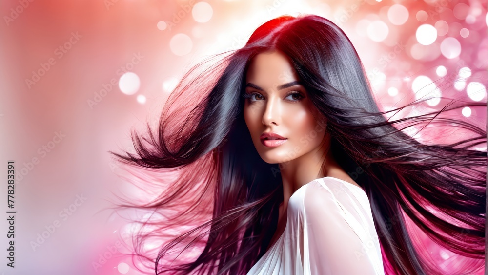 A painting of a woman with long black hair Background features pink and red lights Blurry A painting of a woman with long black hair Background features pink and red lights Blurry