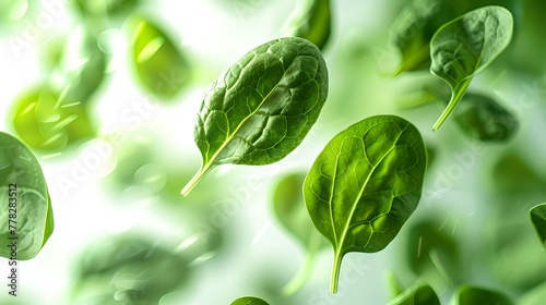 Fresh Organic Spinach Leaves Floating on White Background. Close-up of Vibrant Green Vegetables. Healthy Nutrition Concept. Clean Eating Ingredients. AI