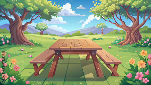 empty-wooden-table-in-spring-garden-blurred-backgr